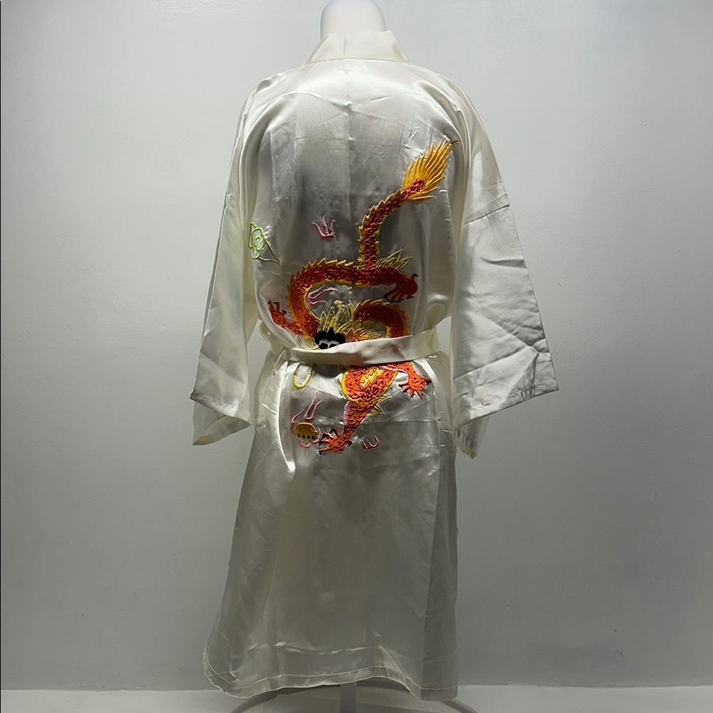 Bath Robe Belted Pockets Satin Silky Hand Embroidered Dragon Asian Ivory New XL